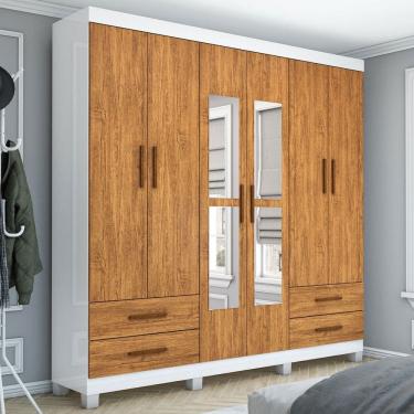 Imagem de Guarda-Roupa Casal Mondo 6 Portas 4 Gavetas com Pés e Espelho Branco/Cinamomo - Pnr Móveis