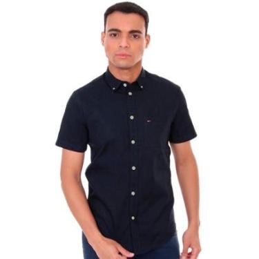 Imagem de Camisa Tommy Hilfiger Masculina Manga Curta Light Oxford Azul Marinho-Masculino