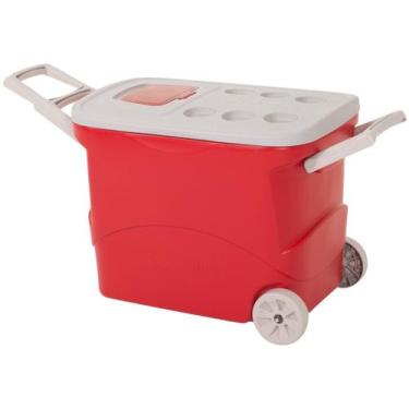 Imagem de Caixa Termica Cooler Grande Bebidas 50L Vermelha Porta Copo e Rodinha 