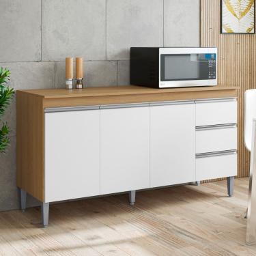 Imagem de Balcão Gabinete Cozinha Andréia 150cm 3 Portas Com Tampo MDP Amêndoa Branco - Desk Design