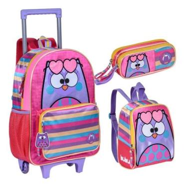 Imagem de Kit Escolar Mochila de Rodinha Lancheira e Estojo Bubu e as Corujinhas