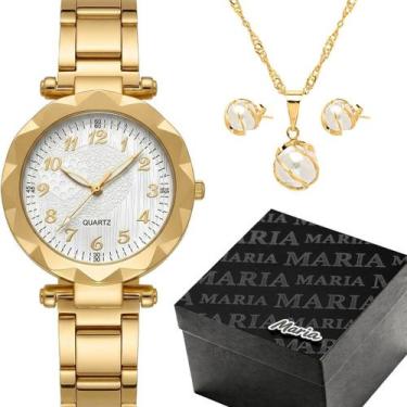 Imagem de Relógio Feminino Banhado Strass Aço Dourado + Colar Brincos + Caixa so