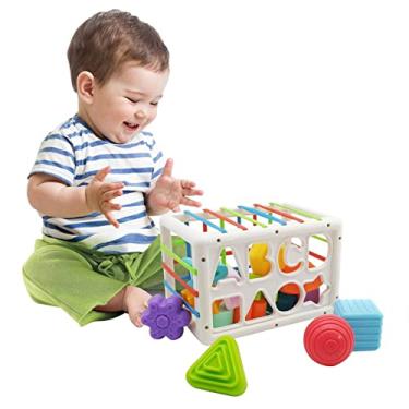 Imagem de Caixa sensorial do bebê, brinquedos montessori para 1 2 anos, brinquedo classificador bebê cubo colorido e 14 peças forma multissensorial, brinquedos para bebês 6-12-18 meses presente