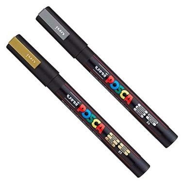 Imagem de Posca Canetas marcadoras de tinta artística PC-3M para tecido, vidro, metal, ouro e prata (pacote com 2) (1 de cada)