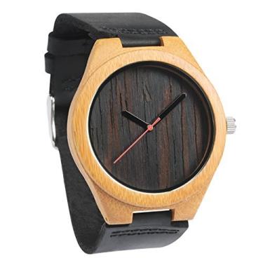 Imagem de Treehut Relógio masculino de bambu Wenge de madeira com pulseira de couro preto genuíno