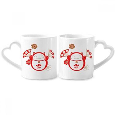 Imagem de Lucky Fortune Conjunto de canecas de porcelana para casais, fãs de flores de gato, coração de cerâmica