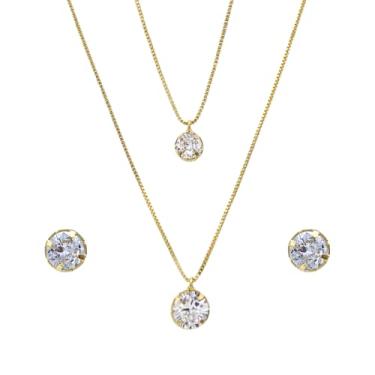 Imagem de Gargantilha Dupla Folheado A Ouro E Brinco Pedra De Zircônia Semijoia