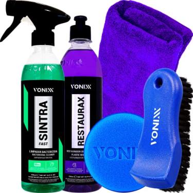 Imagem de Kit Restaurador Revitalizador Renovador de Plasticos Restaurax Sintra Fast Escova Media Vonixx Pano Aplicador