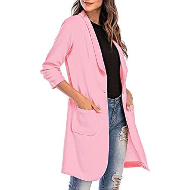 Imagem de Blazer feminino manga 3/4 comprimento médio peito único 1 botão casual slim fit frente aberta ternos blazer com bolso, rosa, GG