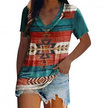 Imagem de Camisas ocidentais para mulheres com estampa solta asteca vintage étnica tribal geométrica Havaí Blusa Top Túnica havaiano Tops de verão plissada floral Top O78-Azul XX-Large
