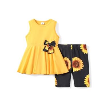 Imagem de PATPAT Conjunto de roupas infantis para meninas, blusa sem mangas e estampa floral, conjunto curto, 2 peças, Girassol, amarelo, 3 Anos