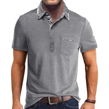 Imagem de Camisetas polo masculinas de lapela manga curta casual golfe esporte tênis, Cinza claro, XXG