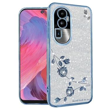 Imagem de Kainevy Capa para Oppo Reno 10 Pro Plus 5G transparente com glitter floral para mulheres meninas linda capa de silicone à prova de choque fina diamante brilhante luxo (azul-prata)