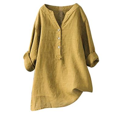 Imagem de Blusas femininas elegantes, casuais, manga 3/4, solta, com botões, gola redonda, camisas de linho longas, cor sólida, Amarelo A1, 5XG