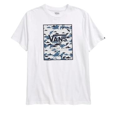 Imagem de Vans Camisetas infantis clássicas de manga curta (crianças grandes), (Caixa estampada) Branco/Reef Sharks, G