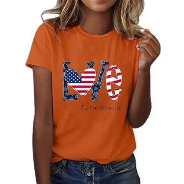 Imagem de Camiseta feminina com estampa do amor da bandeira americana de 4 de julho Dia da Independência Túnica de manga curta solta de gola redonda, Laranja, Large