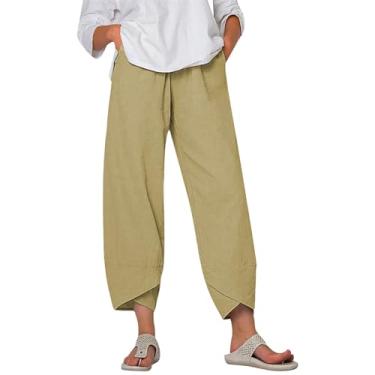 Imagem de Calça feminina casual com bolsos de algodão cropped calça de pijama, Caqui, G