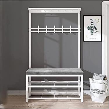 Imagem de Banco de entrada com cabideiro, banco de armazenamento de árvore 3 em 1, cabideiro, banco de sapatos com ganchos, sapateira, almofada de veludo, fácil de montar