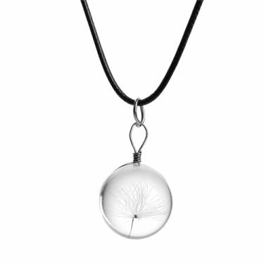 Imagem de swglcowo Colar de vidro de dente-de-leão feito à mão, pingente de semente de dente-de-leão real, flor branca, elegante, bola transparente, faça um desejo, colar para mulheres, amantes da natureza,