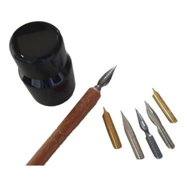 Imagem de Bicos Pena Cabo Madeira 1 Tinta Nanquim Caligrafia Desenho - coisasdop