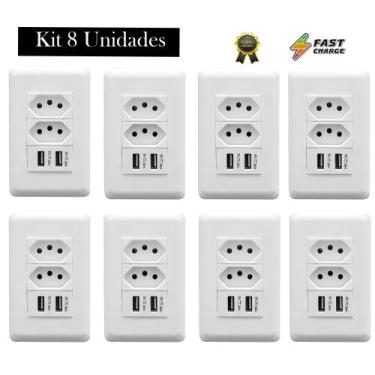 Imagem de Kit Tomada De Parede Dupla 10A Com Espelho Branco 4x2 Com 2 Portas Usb