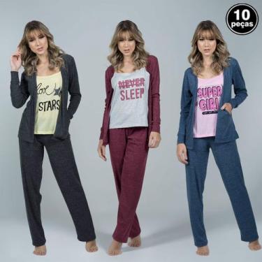 Imagem de Kit 10 Pijamas Vekyo Casaco Regata e Calça Danúbio, P, Mulher, Sortido