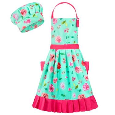 Imagem de Conjunto de Avental Infantil MHJY, Aventais Vintage Infantil com 2 Bolsos de Alça Ajustável, Aventais de Saia Plissada para Cozinhar, Cozinhar, Jardinagem, Verde Água, Floral, Grande (8-12 Anos)