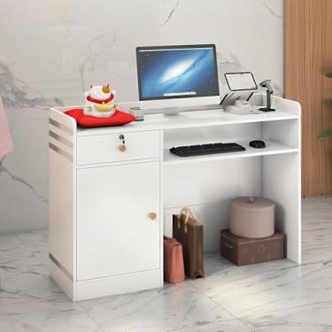 Imagem de Mesa de recepção, balcão de recepção, mesa de balcão de recepção com gavetas com trava para supermercado loja de conveniência hotel, branca, grande