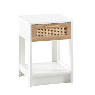 Imagem de Mesa de canto de vime de 40 cm com gaveta MDF mesa lateral moderna mesa de cabeceira com acessórios para sala de estar quarto branca