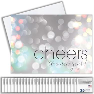 Imagem de Cartões comemorativos de ano novo - N1501. Cartões comemorativos com comemorações ao ano novo em um fundo de bolhas. O conjunto de caixa tem 25 cartões comemorativos e 26 envelopes brancos com forro prateado.