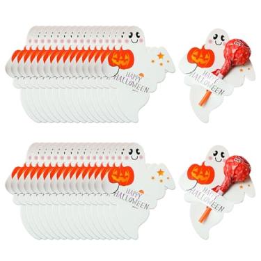 Imagem de 50 etiquetas de papel para decoração de doces de Halloween, fantasma, abóbora, pirulito, porta-biscoitos, cartões, doces ou travessuras, artesanato, festa, casa, suprimentos DIY