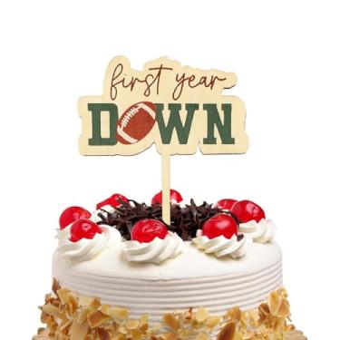Imagem de First Year Down Cake Topper, Football 1st Birthday Party Decorations, Sports One Birthday Wood Cake Topper, Little Footballer Smash Cake Photo Props