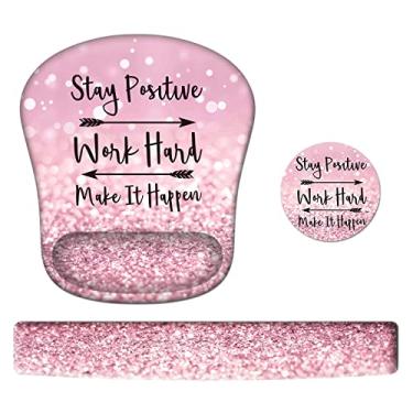 Imagem de HAOCOO Mouse pad rosa, apoio de pulso para teclado, descanso de pulso de gel para teclado de computador e conjunto de mouse pad, base antiderrapante, teclado com base para teclado para mulheres de escritório, casa, fique positivo