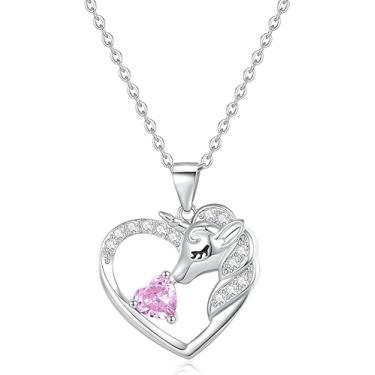 Imagem de RAODA Colares de unicórnios para meninas, colar de unicórnio banhado a ouro branco 18K para meninas adolescentes, presentes de unicórnio, colar com pedra do mês de nascimento de 1 quilate colar de coração com inicial para meninas de 4 a 6 anos, joias com pedra do mês de nascimento para meninas de 6 