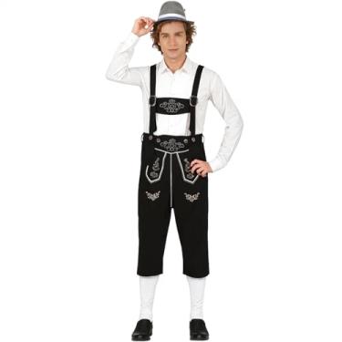 Imagem de Fantasia Masculina Adulta Roupa Alemão Tirolês Bermuda Preta com Suspensório de Luxo Veludo com Bordado Branco Fivela Trabalhada (G 46-48)