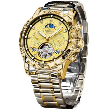 Imagem de FORSINING Relógio Masculino Mecânico, Relógio de Pulso Automático Moon Phase Tourbillon, Pulseira de Aço Inoxidável Luxuosa de 43 mm com Mostrador Grande com 3 Submostradores, Ouro, ouro