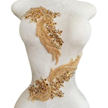 Imagem de Akiko.CC Um par de adesivos feitos à mão com contas de cristal corpete de renda DIY apliques acessórios para roupas sociais 35 x 12 cm (champanhe)