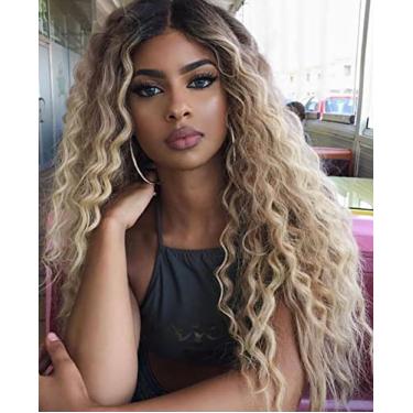 Imagem de Fencca Ombre Blonde Long Curly Wigs Para Mulheres Cabelo Sintético Cacheado Com Calor Ondulado Peruca Completa Parte Do Meio Peruca De Aparência Natural