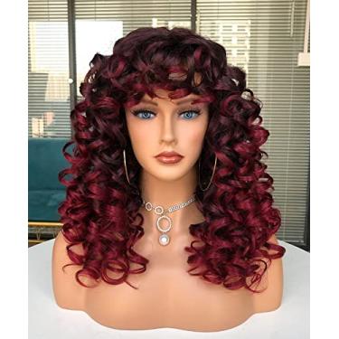 Imagem de Annivia Peruca Cacheada Com Franja Para Mulheres Negras, Perucas De Cabelo Sintético Longo E Cacheado (Vermelho Ombré)