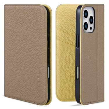 Imagem de VISOUL Capa carteira de couro real com pedrinhas para iPhone 16 Pro com porta-cartões, capa flip de couro genuíno com suporte à prova de choque projetada para iPhone 16 Pro (6,3 polegadas) - marrom +