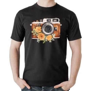 Imagem de Camiseta Algodão Máquina Fotográfica Vintage e Flores - Foca na Moda, 