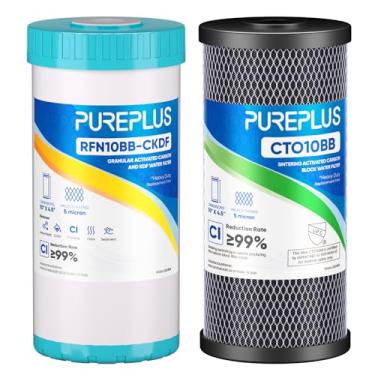 Imagem de PUREPLUS Kit combo de cartucho de filtro de água de 2 estágios de 11,4 cm x 25,4 cm com KDF e carvão ativado granular e filtro de bloco de carvão ativado - kit de substituição de filtragem de água de