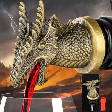 Imagem de LKKCHER Bico de bebida Dragon Head para bebidas alcoólicas, presentes de dragão 2 em 1 para garrafa de vinho para homens e mulheres, presentes de acessórios de vinho, bronze com bolsa