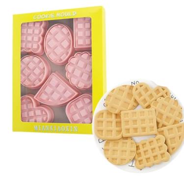 Imagem de Cortadores de biscoito waffle, 8 peças de carimbos de plástico para biscoitos, prensa 3D fofa, conjunto de moldes de biscoito, sem BPA, decoração de bolo, ferramentas de cozimento com design 3D