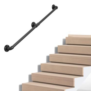 Imagem de Corrimão de escada de tubo industrial, trilho de metal montado na parede para degraus internos e externos, ferro galvanizado preto, estilo fazenda vintage, suporte resistente para escadas e varanda