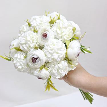 Imagem de Zerzsy Buquê de flores de peônia branca artificial com haste de folhas verdes, 10 peças, buquê de flores de seda, peônias falsas, arranjos de flores, vaso para decoração de mesa de centro de mesa,
