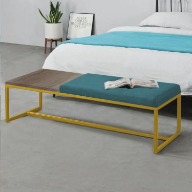 Imagem de Calçadeira Recamier Londres 140cm Industrial Dourado Suede Azul Turquesa Tampo Quadrado...