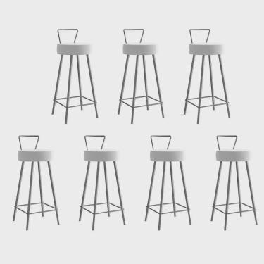 Imagem de Kit 07 Banqueta Alta Com Encosto Tais Eiffel Cozinha Bar Bistrô Ferro Cinza Suede Branco - Ahz Móveis