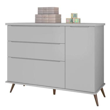 Imagem de Jogo de Quarto Infantil Retrô Alice Guarda Roupa, Cômoda com Porta e Mesinha - pr Baby Cinza