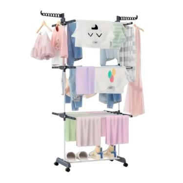Imagem de Varal De Chão Roupa Calcinha Grade 3 Andares Dobrável Portátil，Adequado para varanda doméstica, interior, pode secar roupas, lençóis e outros tecidos(CINZA)